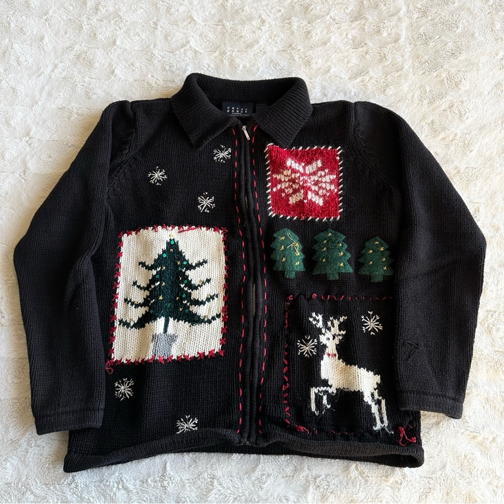 Vintage Christmas Holiday Sweater Womens Medium Black Tree Reindeer Snowflake